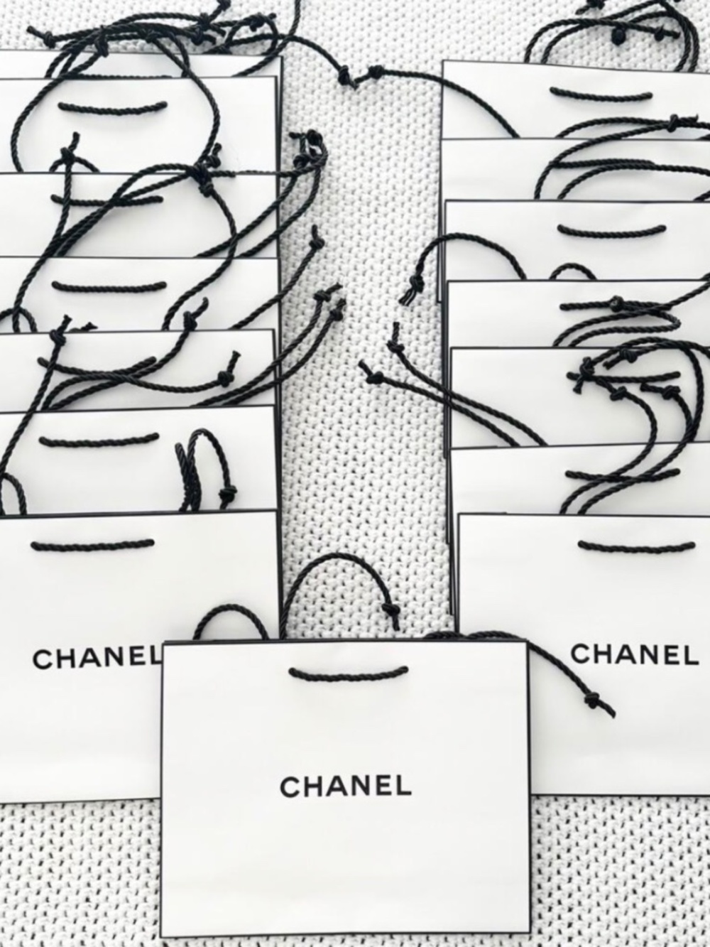 Chanel Bundle Lot of 15 White Black Trim Cosmetic Shopping Bags And Tissue Paper